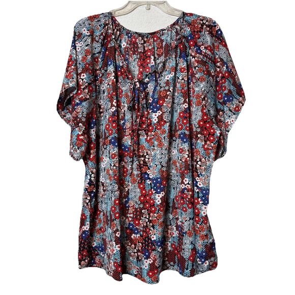 Tops - Women’s Plus Size Red White Blue Floral Blouse Tie Front Boho Flutter Sleeves 3X